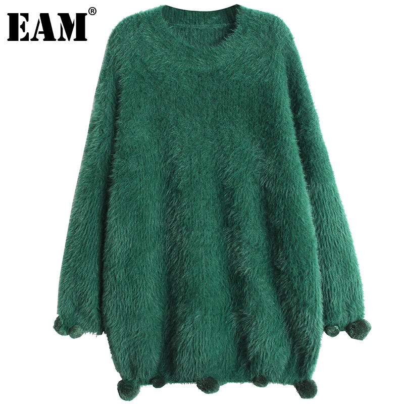 

[EAM] Green Big Size Irregular Knitting Sweater Round Neck Long Sleeve Women Pullovers New Fashion Autumn Winter 2022 1DE6028