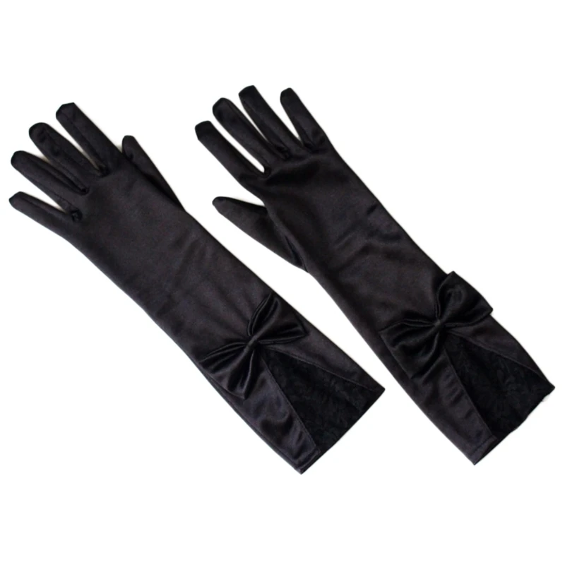 

Bridal Black Satin Bowknot Gloves Evening Party Cosplay 1920s Lace Mittens