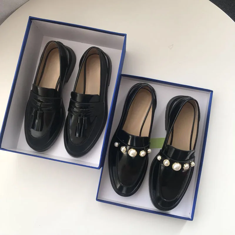 Spring and autumn new leather loafers with thick soles and small leather shoes with fringes and pearl single shoes for women