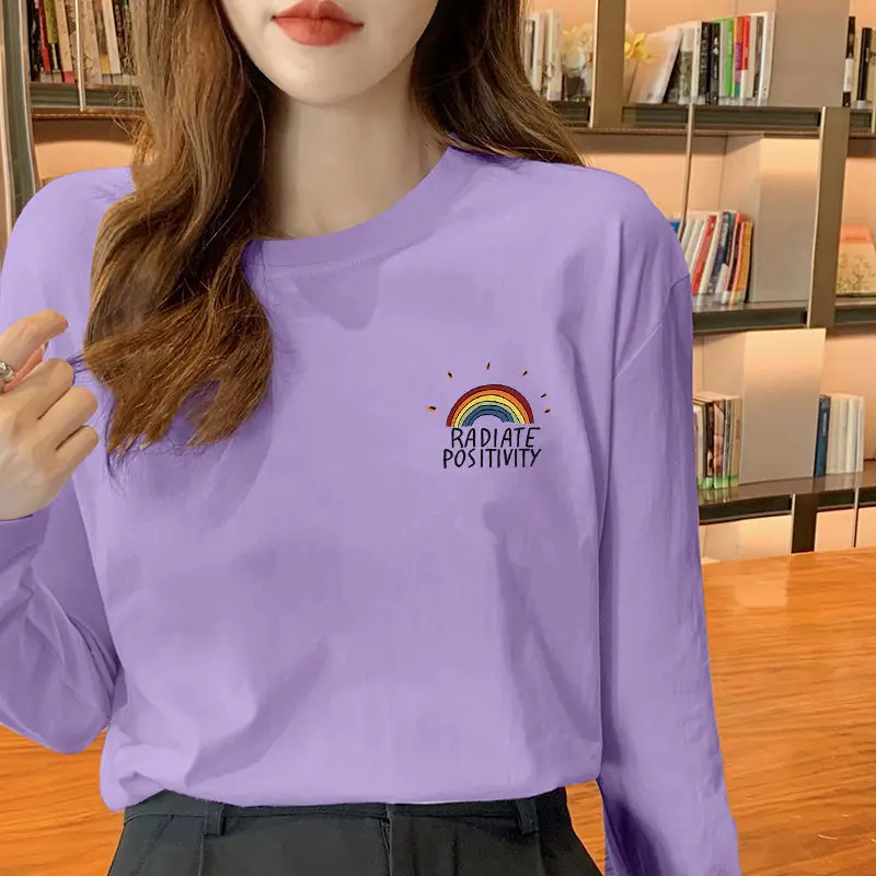 

Chinese style taro purple cotton longsleeved tshirt womens top 2021 autumn and winter new bottoming shirt loose inside