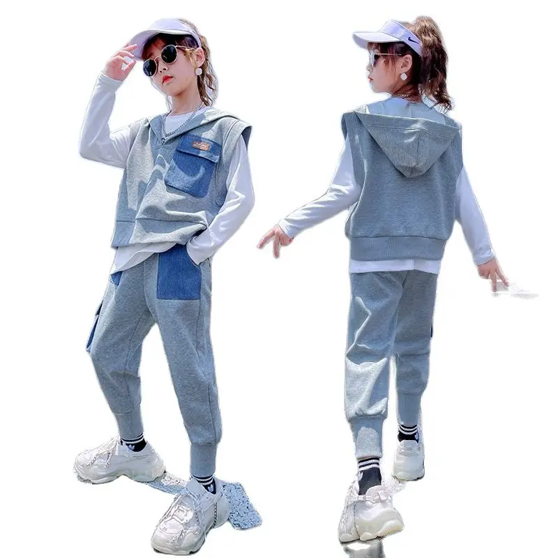

Girls Clothes Spring and Autumn Fashion Clothing Baby New Suits Denim Pocket Stitching Top + T-Shirt + Pants 3ps Girls Outfits