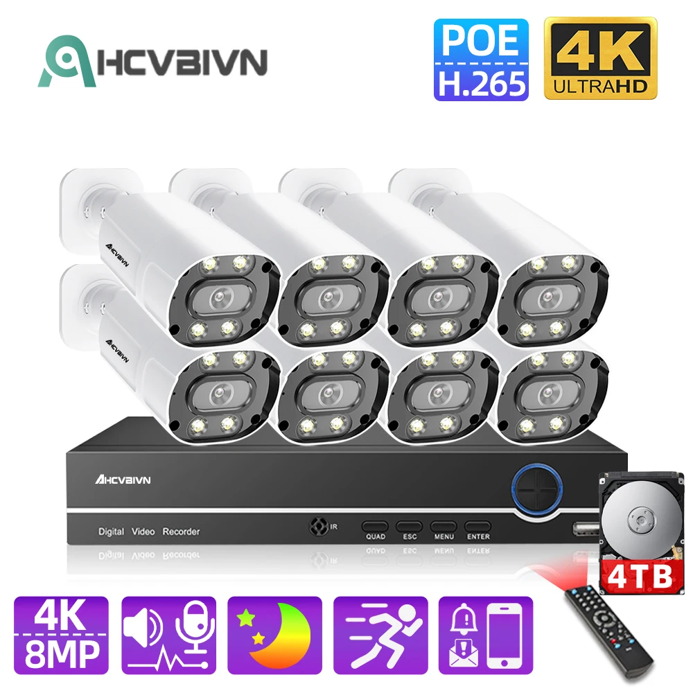 

8MP Surveillance Cameras With Color Night Vision 8CH CCTV NVR System 2/4/6/8pcs 4K Security Protection Camera Monitoring Kit