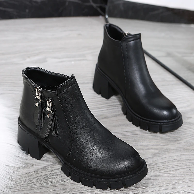 Women's Ankle Pu Leather Platform Casual Boots 2022 Autumn New High Heel Fashion Zipper Round Head Square Heel Women's Boots