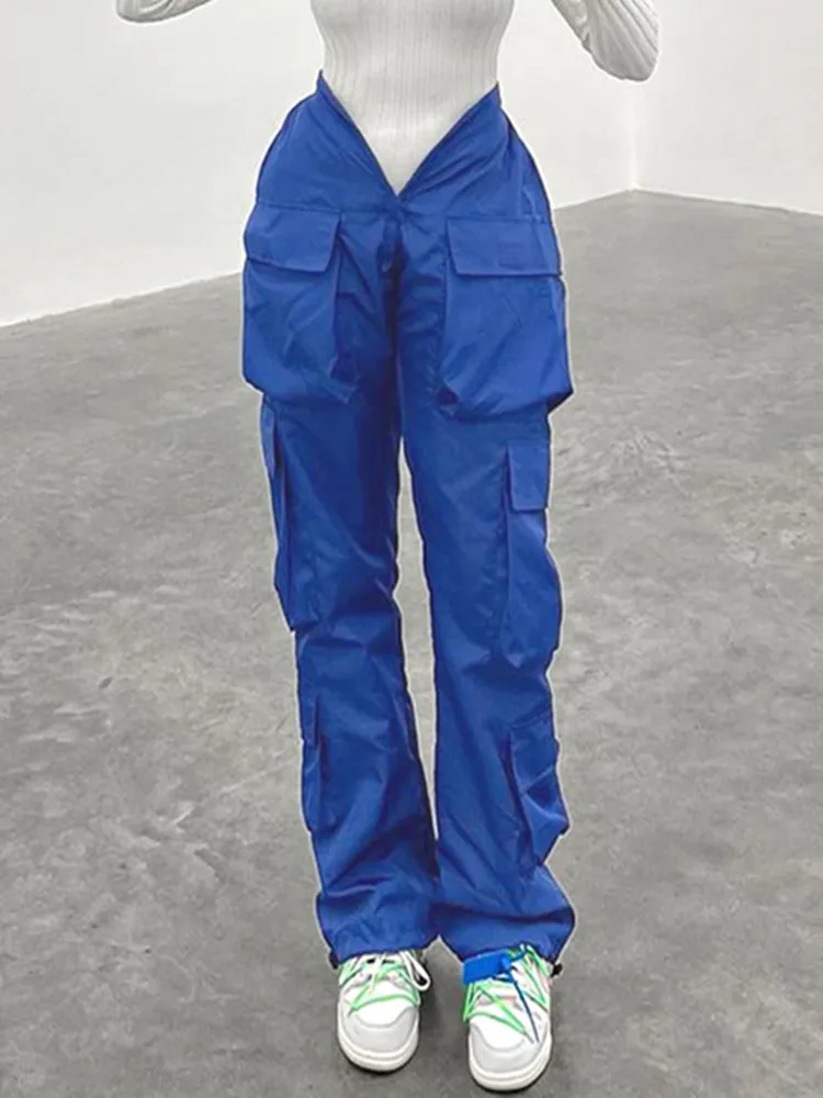 

Solid Asymmetrical High Waist Work Pants For Women Fashion Pockets Streetwear Women Clothes Straight Cargo Y2k Pants Blue Capris