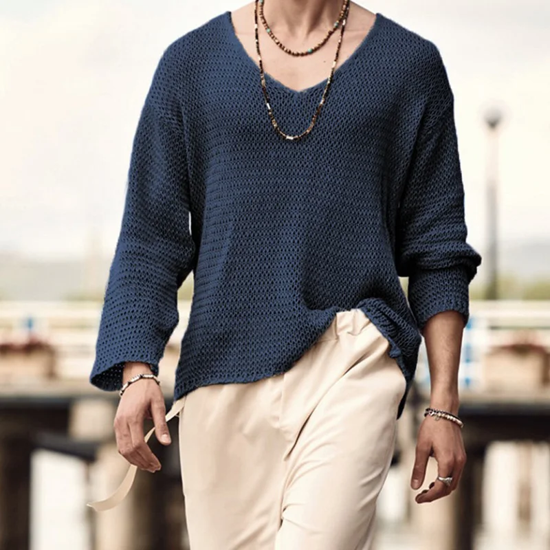 Autumn Men Long Sleeve T Shirt Vintage Solid Knitting Tops Mens Casual Loose V Neck Tee Fashion Male Knitted Clothing Streetwear |