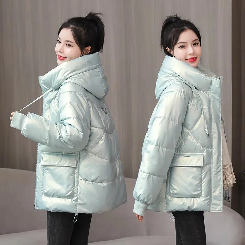

Women's Jacket 2022 New Winter Jacket Loose Glossy Parkas Hooded Female Overcoat Cotton Padded Parka Casual Puffer Coat Outwear