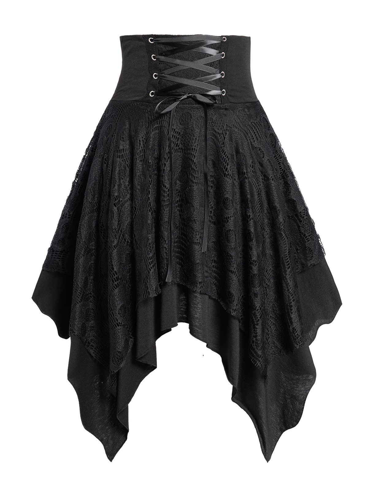 

Dressfo Women Fashion Lace Skirt For Summer Y2K Gothic Lace Up Zipper Fly Asymmetrical Hem Midi Skirt