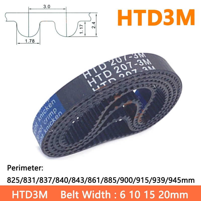1pc HTD3M Timing Belt Width 6/10/15/20mm 825/831/837/840/843/861/885/900/915/939/945mm Rubber Closed Synchronous Belt Pitch 3mm
