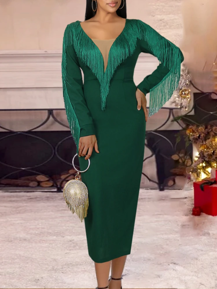 

Party Green Tassel Dress Sexy See Through V Neck Long Sleeve Women Celebrity Fringe Large Size Curve Ladies Club Evening Outfits