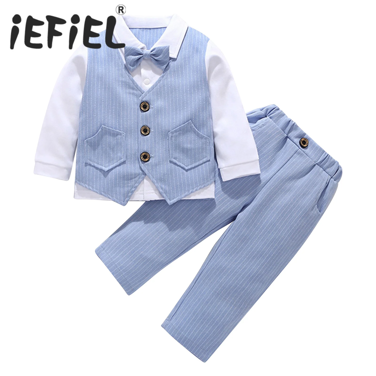 

Toddler Baby Boys Gentleman Outfits Birthday Clothes Set Long Sleeve Turndown Collar Bowknot Front Fake Two-piece Top with Pants