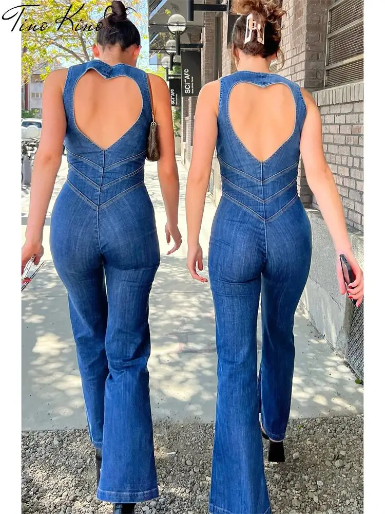 

Blue Backless Heart Cutout Bodycon Jumpsuit For Women Summer Sleeveless Slim One-Piece Outfits Retro Denim Jumpsuits 2023