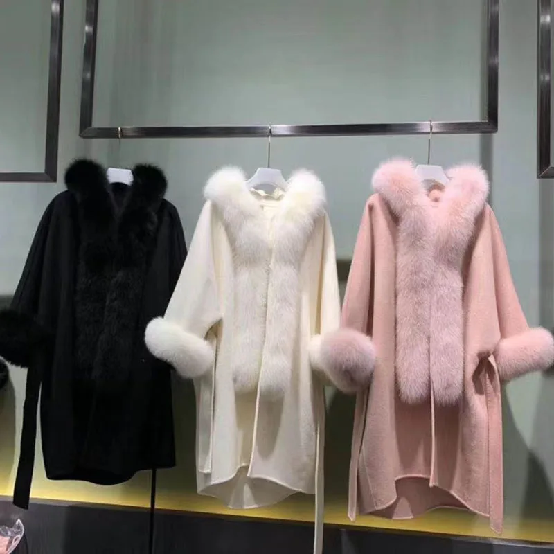

Women Wool Blended Plus Size Coat With Real Fox Fur Trimming Female Over Sized Luxury Hooded Genuine Fur Coat