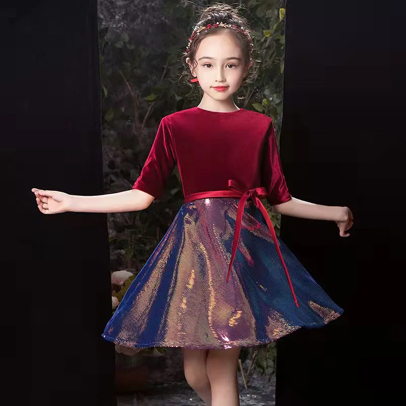 Girl's birthday party dress high-end velvet stitching little princess runway piano performance little host acting costume enlarge