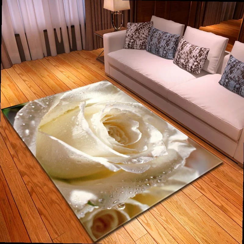 

New Romantic Valentine's Rose Rugs Carpets Soft Flannel Non-slip Bedroom Area 3D Rugs Room Bedside White Rose Living Mat Carpet