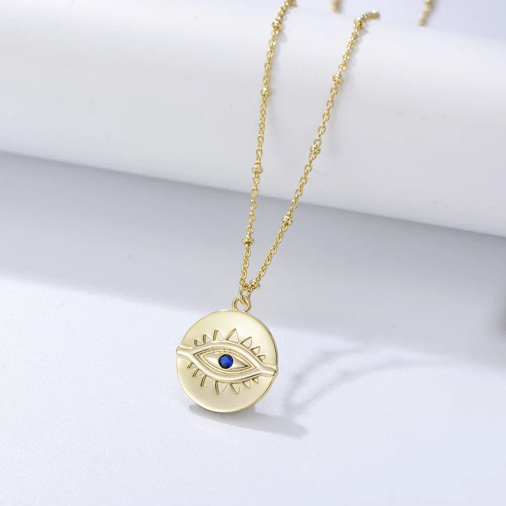 

S925 sterling silver vintage gold-plated Devil's Eye round coin necklace women's glasses clavicle chain