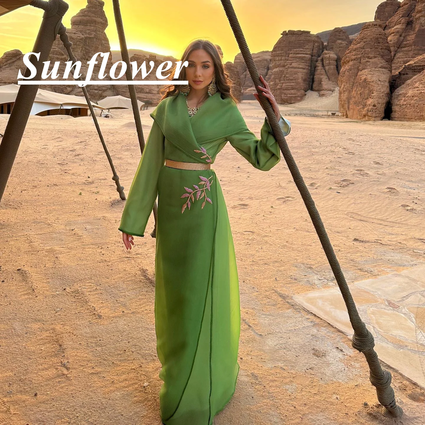 

Sunflower New Summer Green Long-Sleeves V-Neck Highowns Applique vestidodefiestade boda Split Zipper Up A Line Boho Bridal 2023