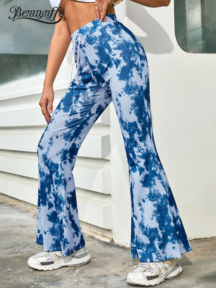 

Benuynffy Fashion Knot Front Tie Dye Flare Leg Pants Women Spring Summer High Waist Casual Streetwear Ladies Trousers Bottoms