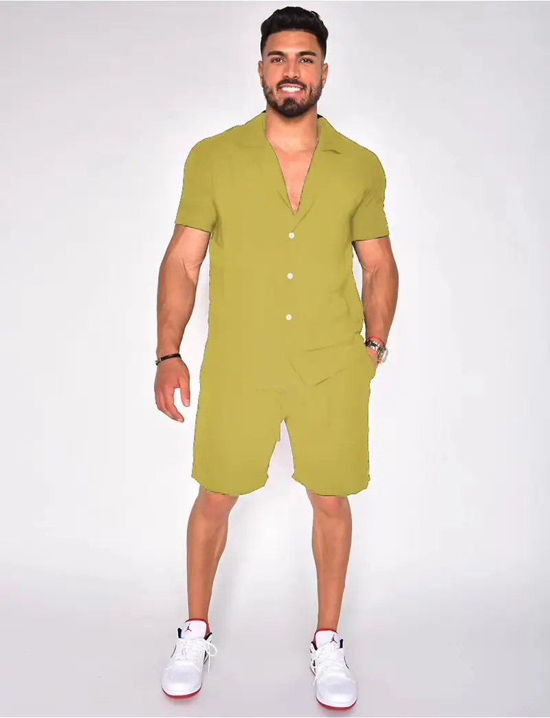 Hot Selling Hawaiian Popular Men's Summer Lapel Cotton Linen Solid Short Sleeved Shorts Set