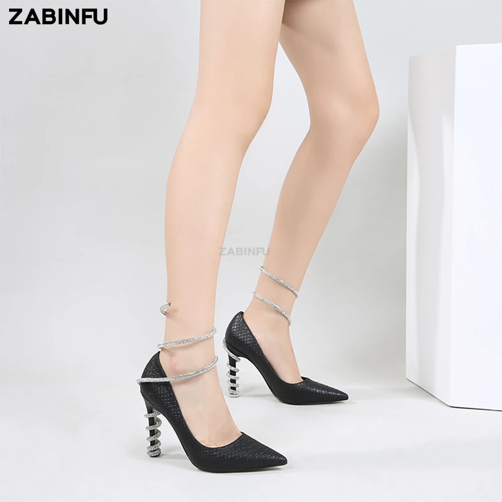 Snake Shape Rhinestone Strappy Heel for Women 2023 New Pointed Toe Black Women High Heels Party Prom Women Pumps