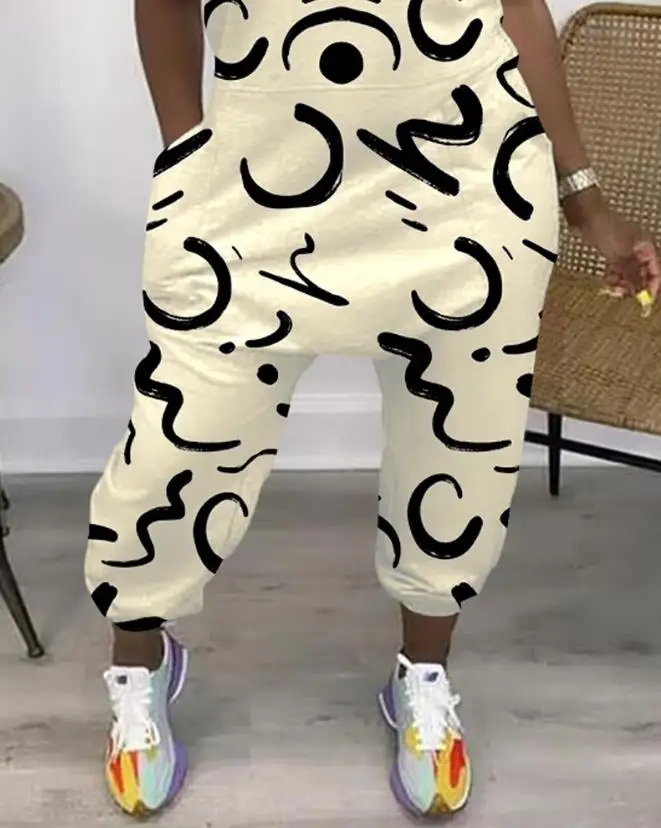2023 Summer Women's Jumpsuit Fashion Abstract Print Pocket Sleeveless Wide Leg Pants Casual Temperament Commute Elegant Jumpsuit