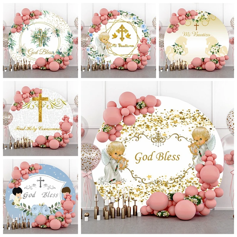

Round With Elastic Backdrop Girl Boy Baby Baptism Mi Bautizo Party Decor Photography Circle Background Photocall Photo Studio
