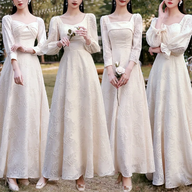 

Square Collar Slim Waist Simple Elegant Bridesmaid Dresses Long Sleeve Temperament Solid Wedding Party Gown Aesthetic Gown Dress