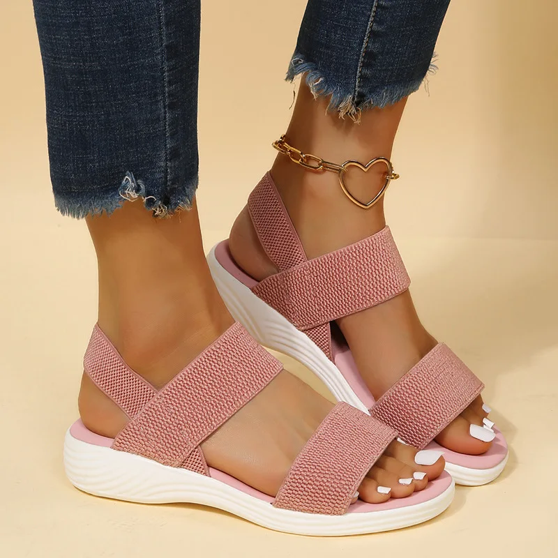 2023 Summer New Women's Casual Sandals Thick Sole Flat Heel Fashion Versatile Large Sandals Elastic Platform Outwear Sandals