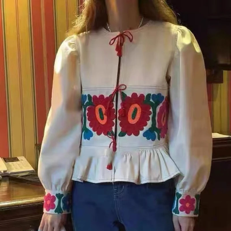 

Новинка 2023, Женское пальто для тяжелой промышленности с вышивкой и круглым вырезом, кружевная Женская винтажная Свободная куртка с коротким рукавом, Топ