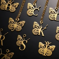 butterfly initial necklaces letter pendant stainless steel chain necklace best friend accessories gold color jewelry gift