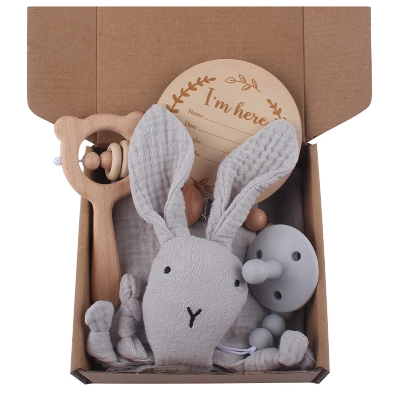 

BX0D Baby Gift Set Rabbit Appease Towel Baby Pacifier Teether Pacifier Chain Card Bib