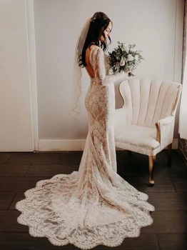#10156 Sweep Train V Neck Long Sleeve Bohemian Backless Lace Sheath Bridal Gown Simple plus size Mermaid Wedding Dress