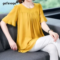 summer women chiffon solid color elegant fashion blouses short sleeve o neck loose casual lady new shirt tunic top blusas female
