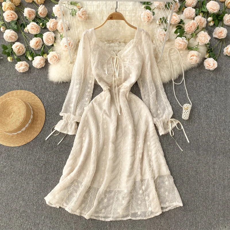 

Aibeautyer New Casual Spring Autumn Solid Slim Lady Full Dress A Line O Neck Chiffon Pullover Mid-Calf High Waist Women Dresses