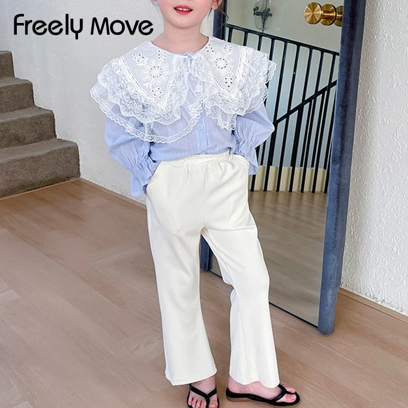 

Freely Move Girls Style Lapel Blouse With Long Sleeve Shirt Lace Spring Autumn Cotton Lace Children Korean Girl Tops Blouse