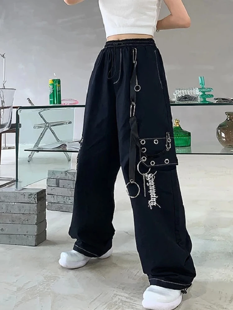 

Gothic Harajuku Black Cargo Pants Women Chain Wide Leg Goth Hippie Streetwear White Trousers Loose Female Baggy Fashion