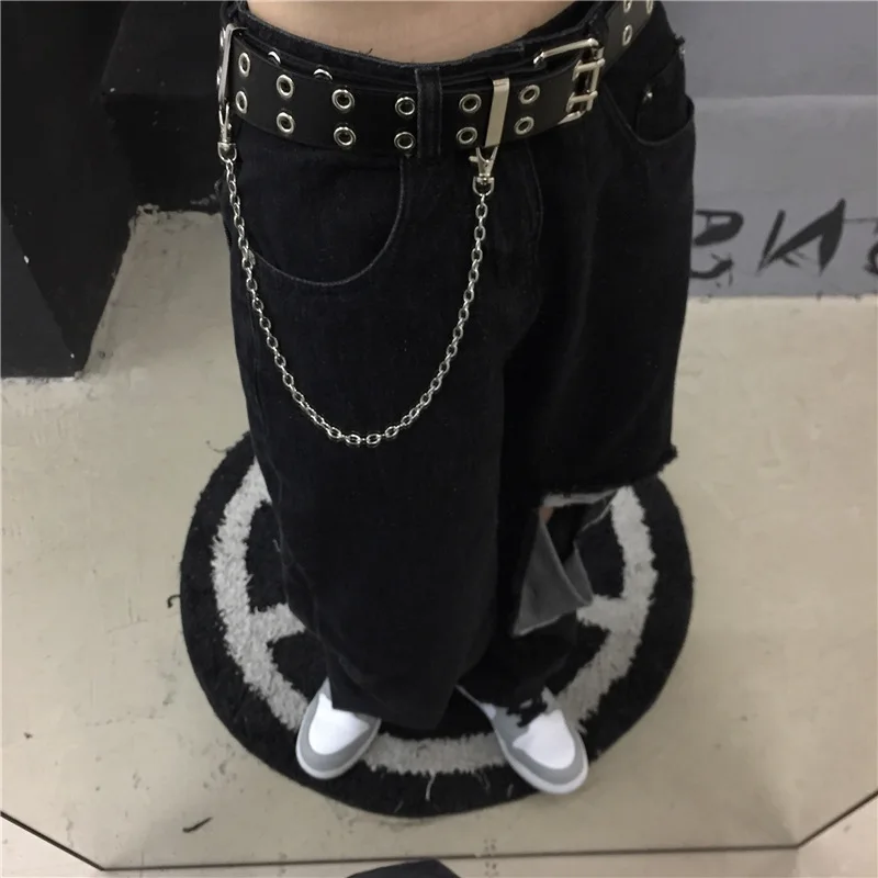 이불 Hip Hop Chain Tassel Belts Punk Studded Pin Buckle PU Belt Y2K Unisex Black Casual Jeans Pants For Women Men