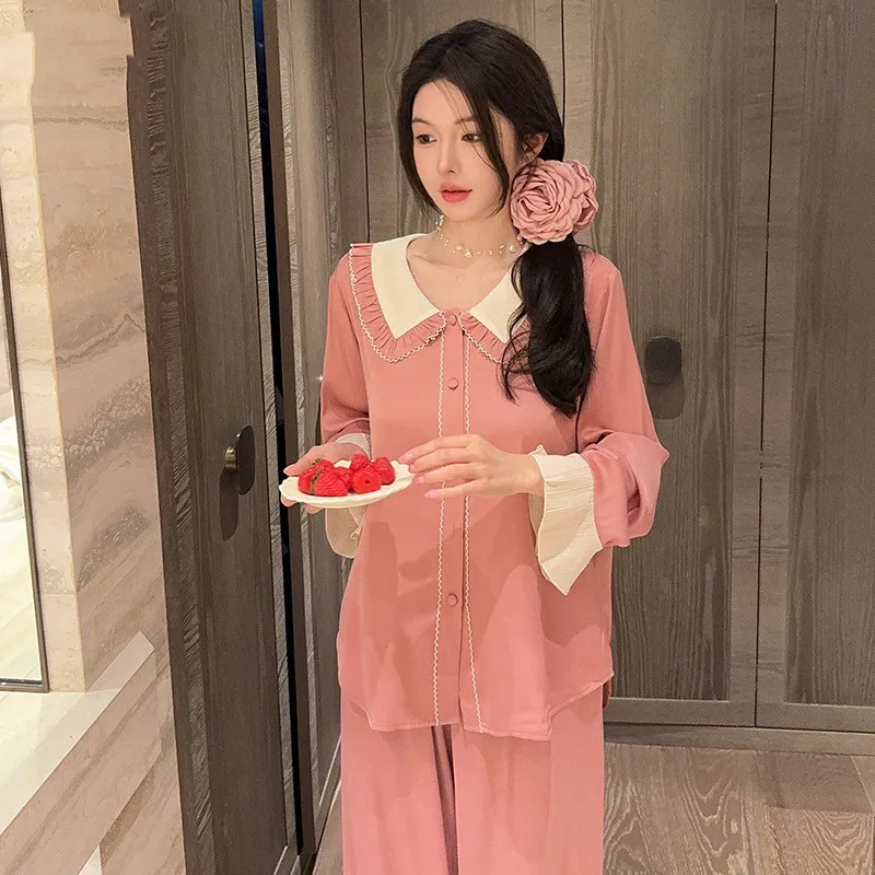 Рубашка с длинными рукавами и оборками брюки осенняя свободная одежда для сна