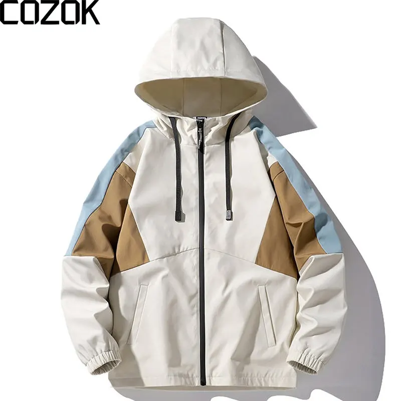 Retro Hooded Bomber Jacket Men Color Block Loose Casual Spor