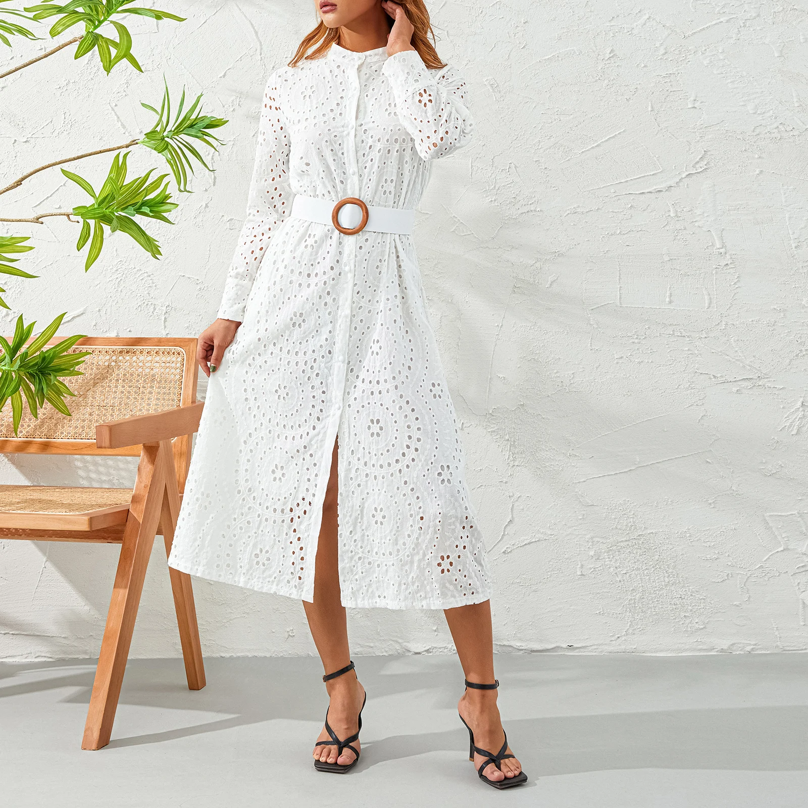 

Women's Fashion Casual Dress Embroidered Cutout Long Sleeve Stand Collar Button Closure Loose Dress + Belt