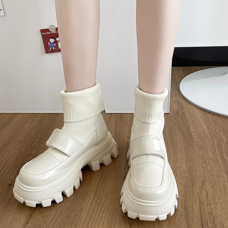 Women Ankle Sock Boots 2023 Winter New Brand Knitting Chelsea Boots Fashion Flats Platform Mary Janes Shoes Motorcycle Botas New