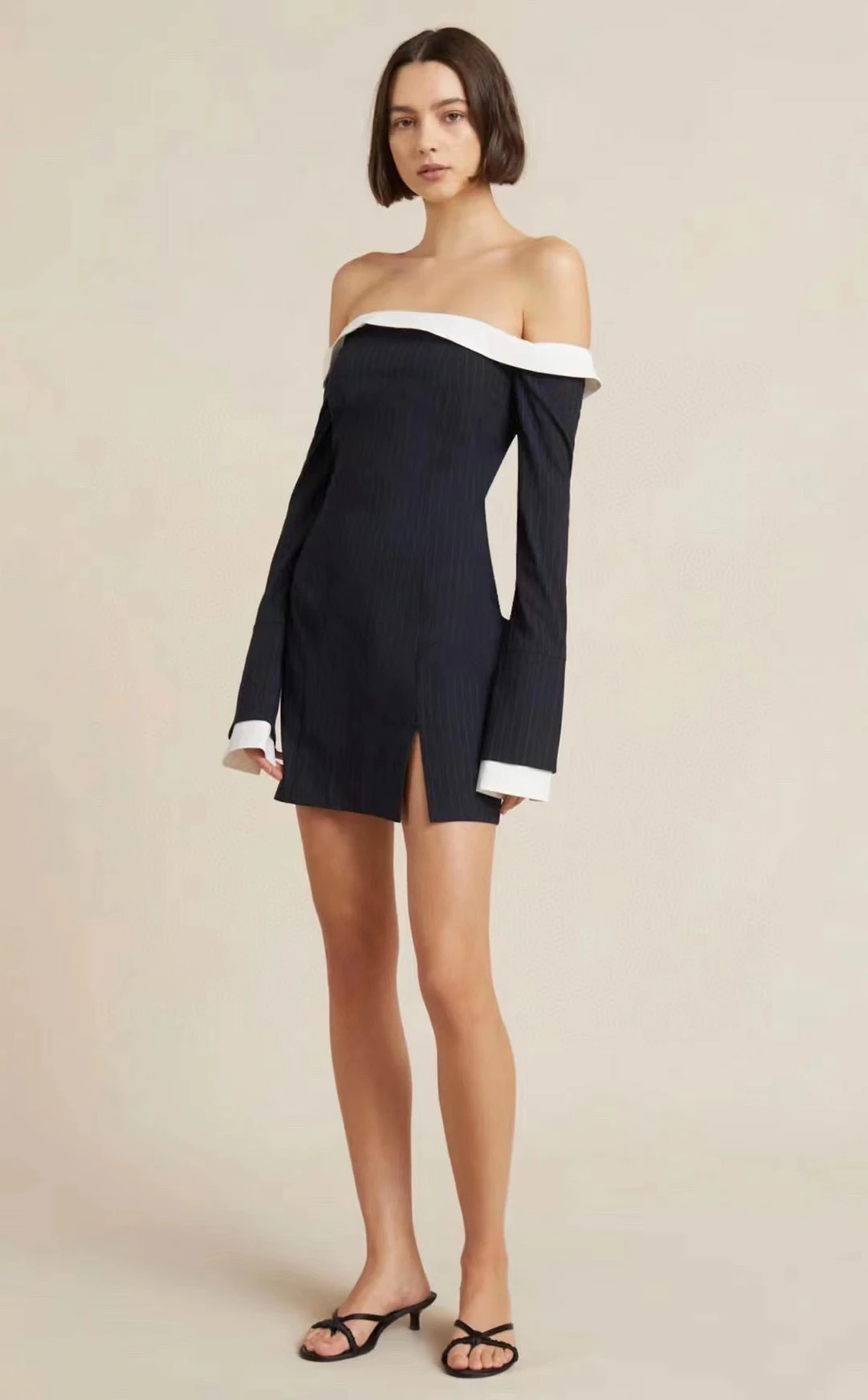 

Women Vintage Style Sexy Slash Collar Striped Slim Bodycon Dress