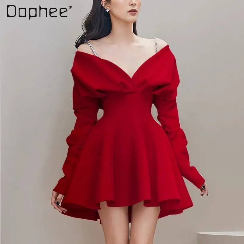 2022 Spring Women's Socialite Long Sleeve Slip Dress Party Sexy Solid Color V-neck Waist-Controlled  A- Line Suspender Dresses