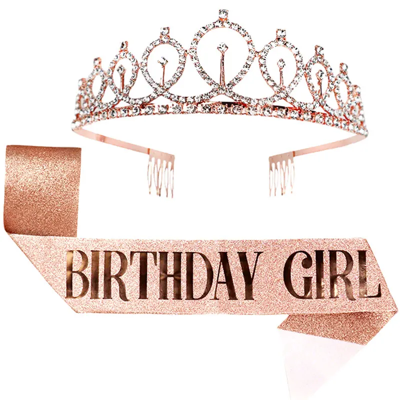 

Rose Gold Birthday Party Decoration Glitter Sash Crystal Crown Set for Girls Queens Tiara Happy Birthday Anniversary Supplies