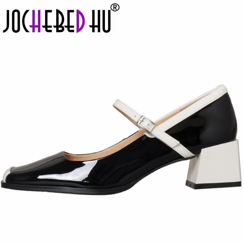 

【JOCHEBED HU】Spring/Autumn Women Brand Genuine Leather Shoes Square Toe Chunky Heel Mary Janes Mixed Color Shoes 34-42