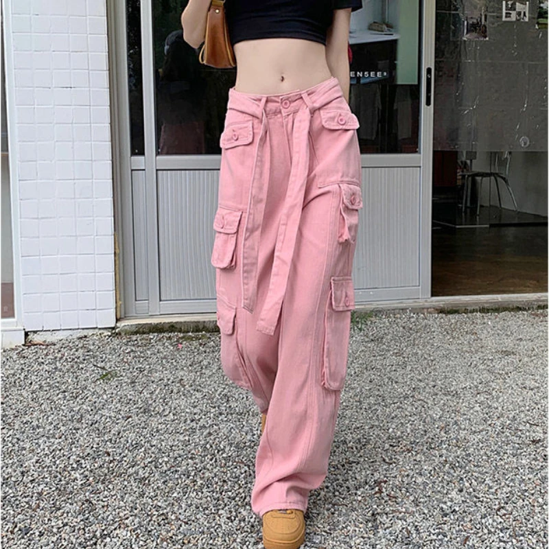 

Уличная одежда Y2k, розовые брюки-карго, повседневные мешковатые винтажные популярные спортивные брюки для девочек в стиле хиппи с широкими ...