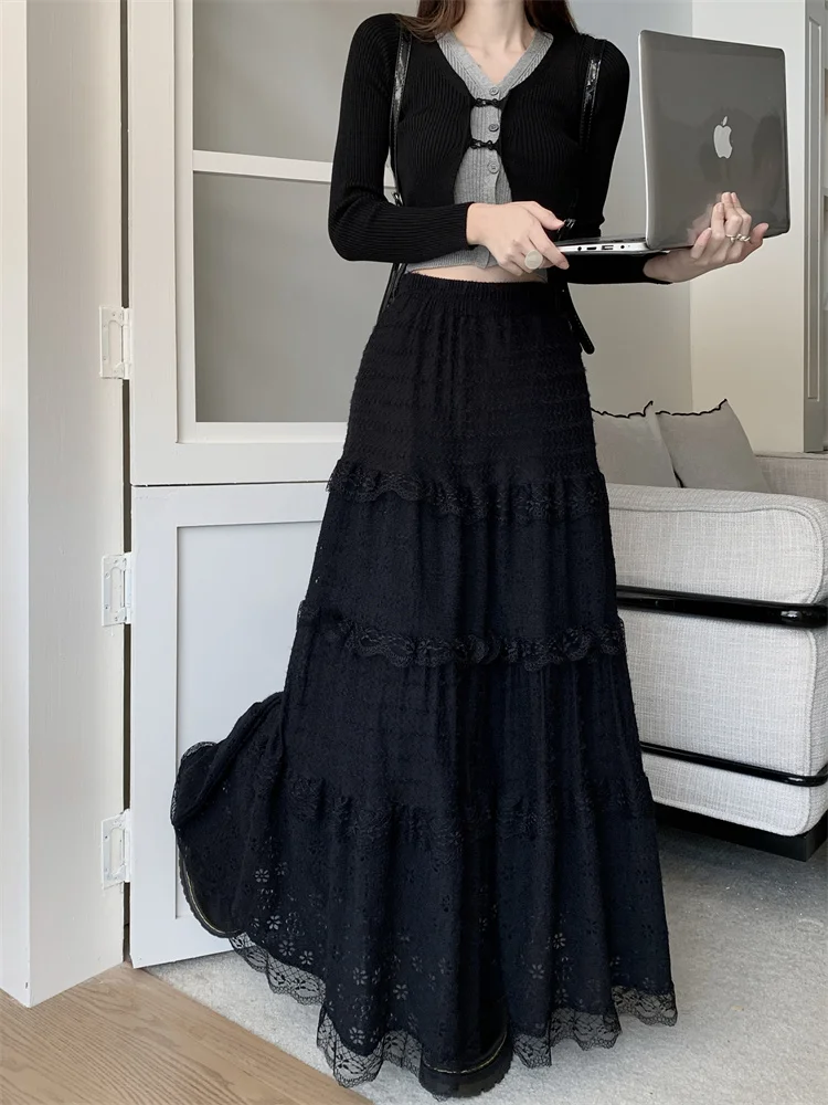 Юбка-миди Женская кружевная трапециевидная Черная