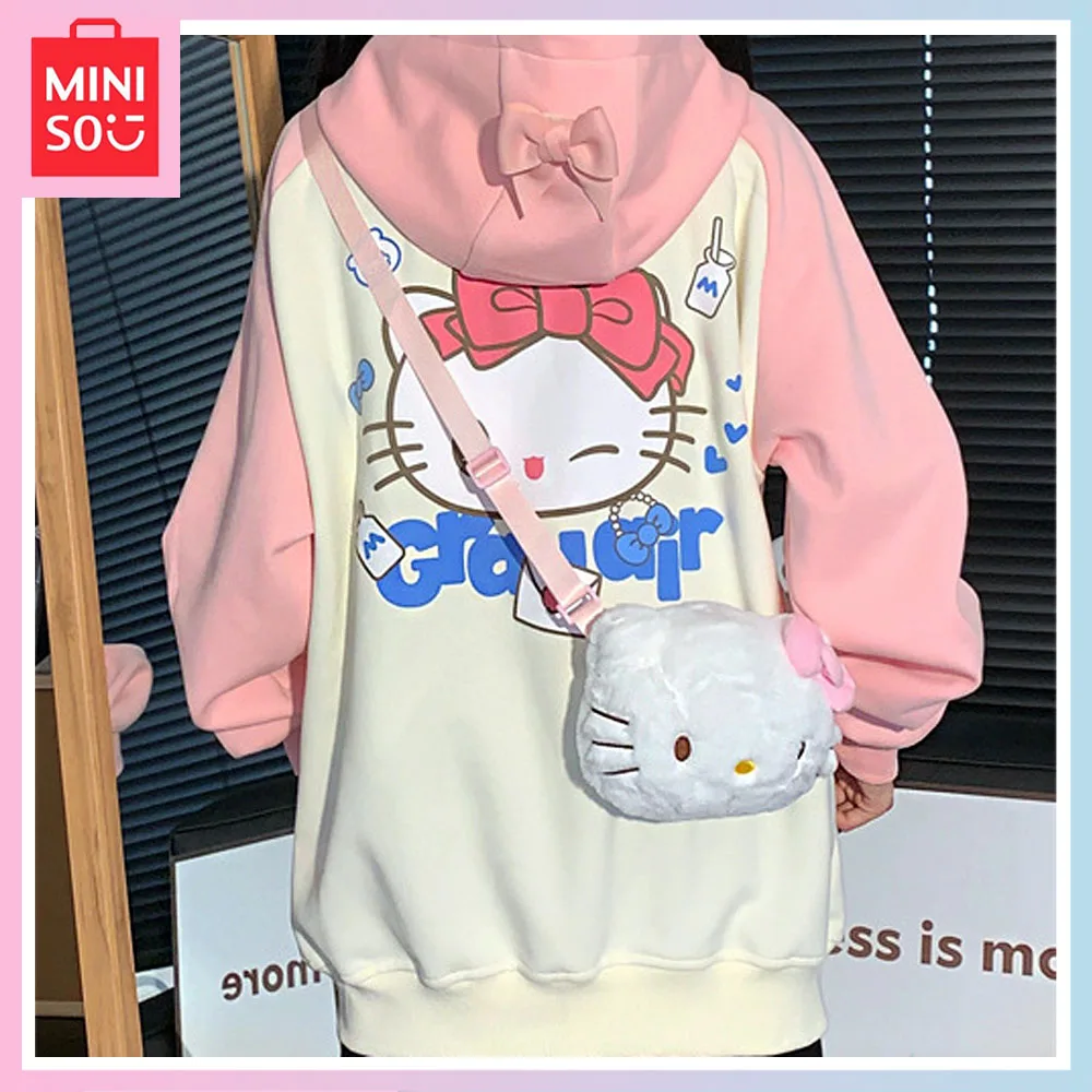 

Miniso Sweet Hello Kitty Hoodie Girl Autumn Winter Loose Cute Fashion Trend Student Long Sleeve Cardigan Birthday Christmas Gift