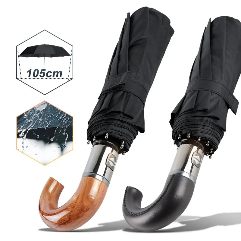 

2023 Leather Handle Umbrella Men Automatic Business 10Ribs Strong Windproof 3 Folding Big Umbrella Rain Woman Quality Parasol