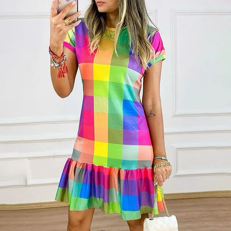 

2023Elegant casual slim dress, summer new Plaid contrast print short sleeve round neck casual dress