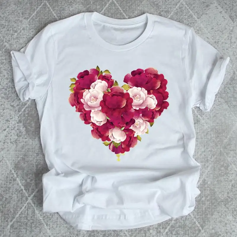 

Women Print Fashion Summer T-shirts Shirt Female Graphic T Top Love Heart Flower 90s Aesthetic Short Sleeve Cartoon Tee T-Shirt